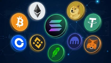 3D icons representing popular cryptocurrencies and trading platforms including Bitcoin, Ethereum, Solana, Dogecoin, Tether, Coinbase, Binance, Robinhood, Kraken, and MetaMask.