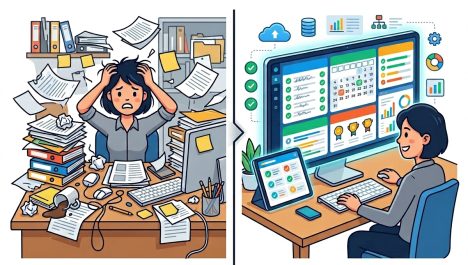 Before-and-after comparison showing messy paper bookkeeping transformed into an organized Citadel Partners LLC digital financial dashboard.
